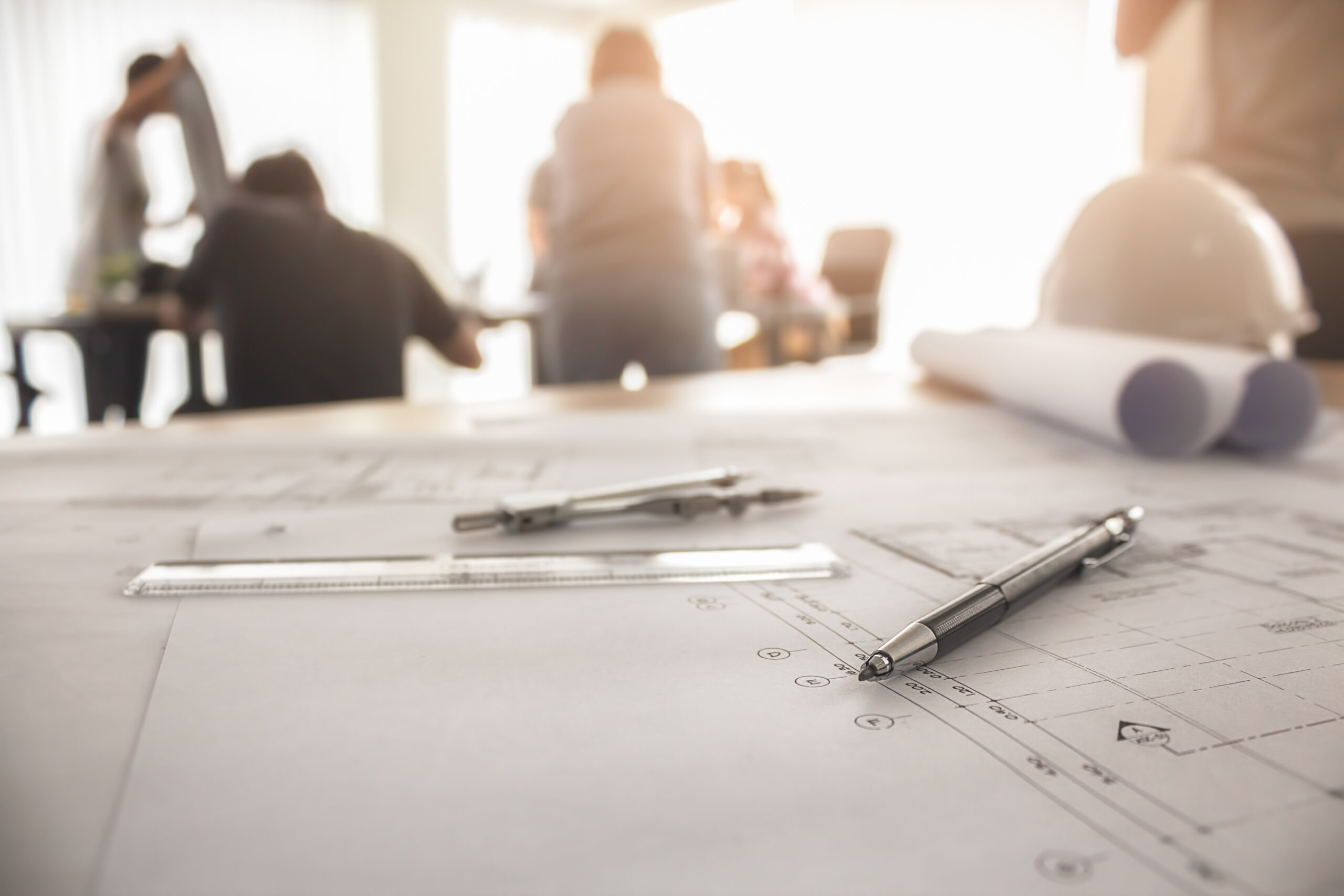 Image of engineering objects on workplace top view.Construction